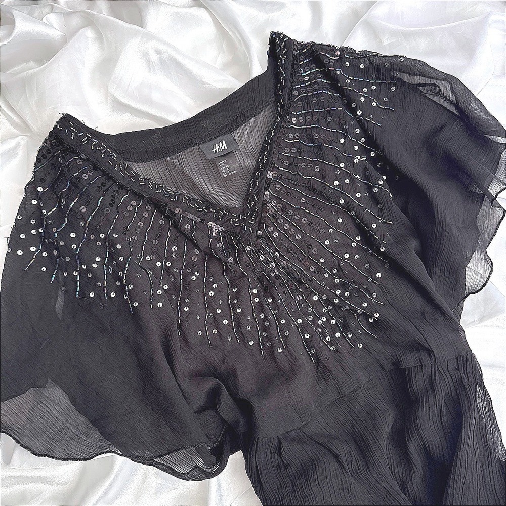 HM Black Chiffon Sequin Beaded V-Neck Butterfly Sleeve Ruffle Mini Dress Size 10